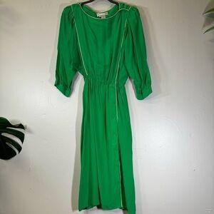 vintage 100% silk midi dress emerald green white piping medium pockets Hong Kong